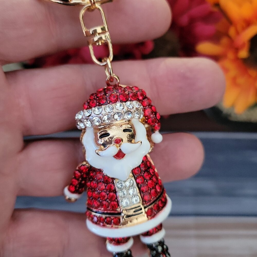 🎄Stunning Adorable Rhinestone Santa Claus Holiday Bling Handbag Keychain Charm - Picture 7 of 8
